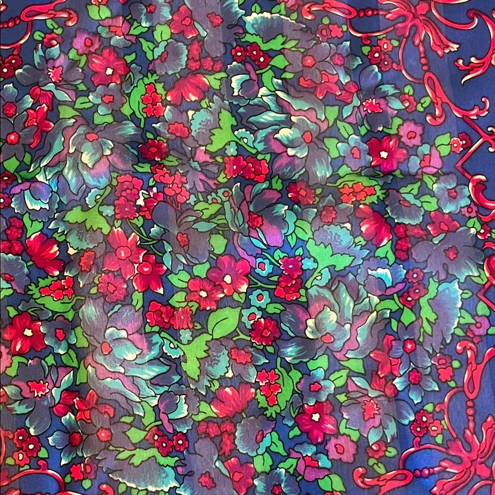 Vintage Floral Blue and Red Scarf 30.5 X 30 inches